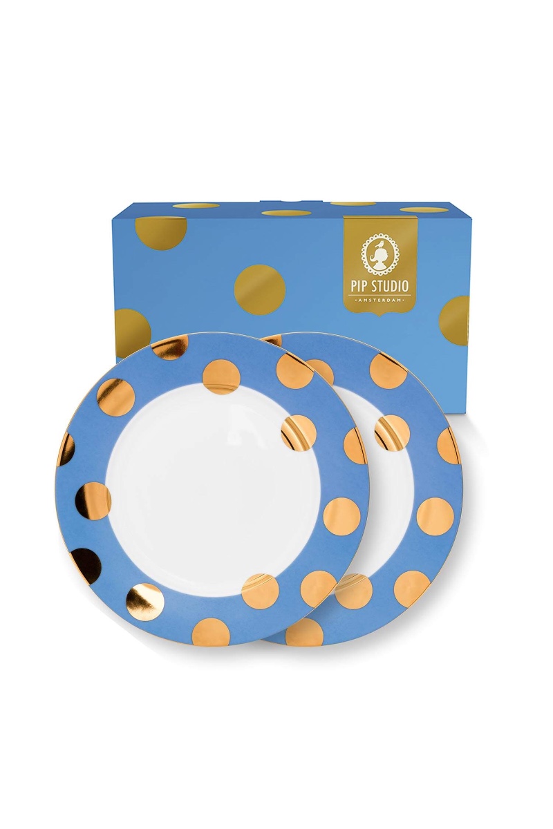 Pip Studio Set/2 Ontbijtborden Dot Delight Lichtblauw/Goud 23cm - Officiële Webshop