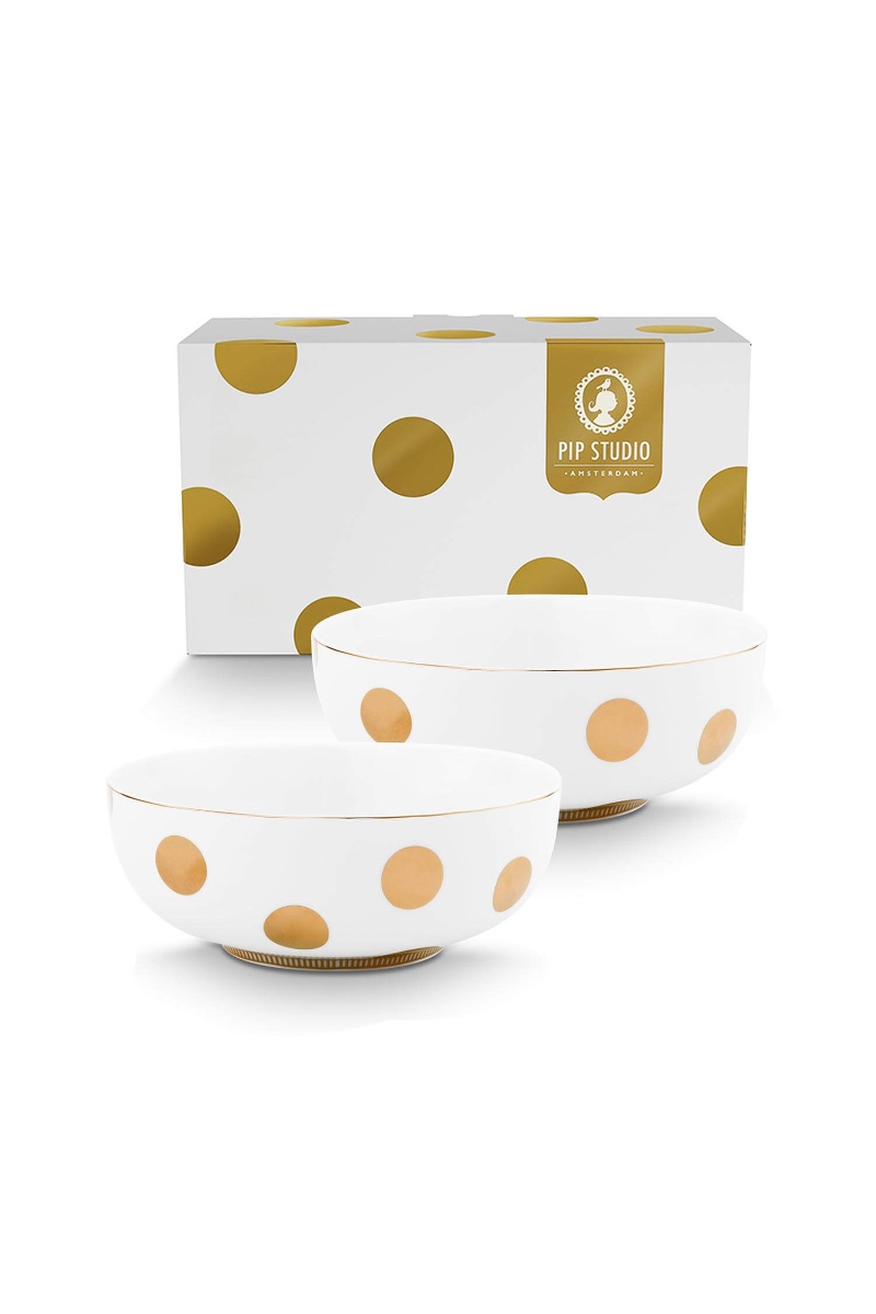 Pip Studio Set/2 Kommen Dot Delight Wit/Goud 20cm - Officiële Webshop