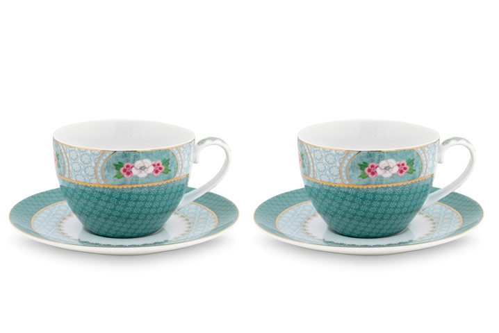 Color Relation Product Blushing Birds Set of 2 Cappuccino Cups & Saucers blue