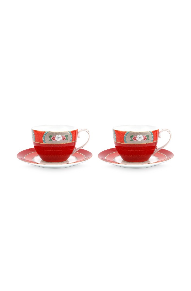 Color Relation Product Blushing Birds Set of 2 Cappuccino Cups & Saucers Red