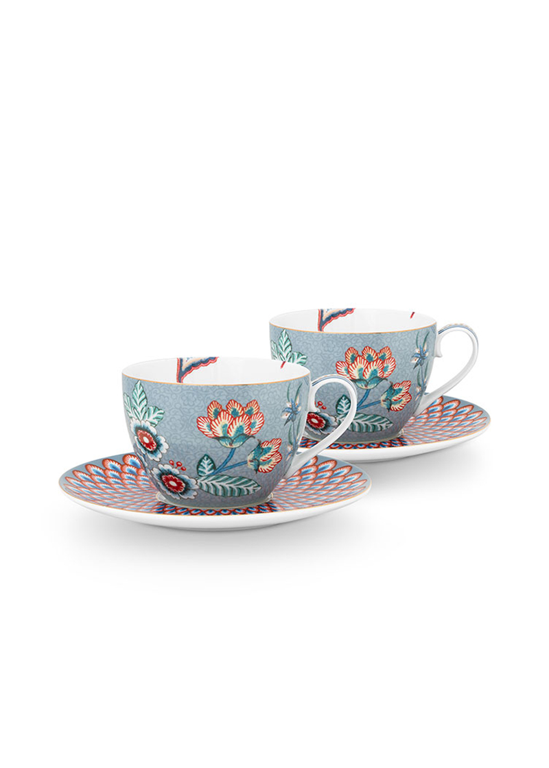 Color Relation Product Flower Festival Set/2 Cappuccino Cup & Saucer Light Blue