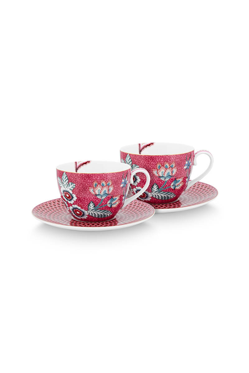 Color Relation Product Flower Festival Set/2 Cappuccino Cup & Saucer Dark Pink