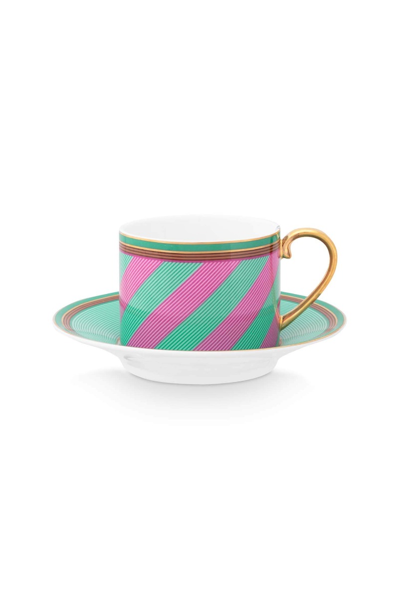 Color Relation Product Pip Chique Stripes Cappuccino Cup & Saucer Pink/Green