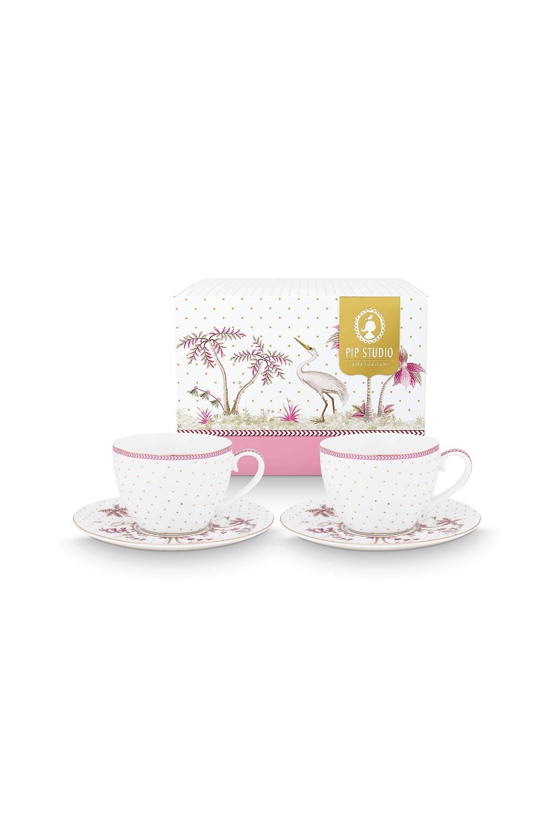 Color Relation Product Set/2 Cups & Saucers Jolie Dots Gold Pink