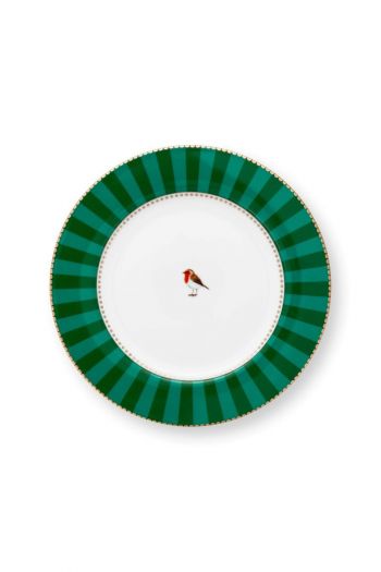 love-birds-gebaksbord-strepen-groen-17cm-roodborstje-porselein-pip-studio