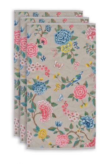 Handdoek-set/3-bloemen-print-khaki-55x100-good-evening-katoen