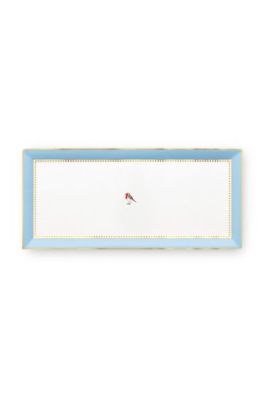 Taart-plateu-rechthoekig-blauw-gouden-details-love-birds-pip-studio-33,3x15,5-cm