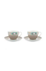 Blushing Birds Set of 2 Cappuccino Cups & Saucers Khaki