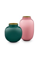 Mini-vase-set-dunkel-grün-rosa-runden-metall-Wohnaccessoires-pip-studio-10-&-14-cm
