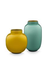 Mini-vazen-set-blauw-geel-rond-metaal-woon-accessoires-pip-studio-10-&-14-cm