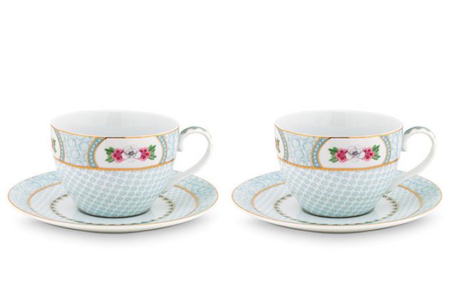 Blushing Birds Set/2 Cappuccino Cups & Saucers white