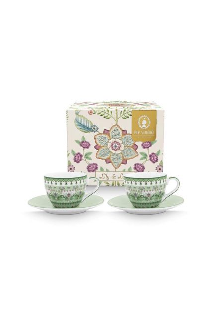 Pip-Studio-Set/2-Espresso-Koppen-&-Schotels-Lily&Lotus-Licht-Groen