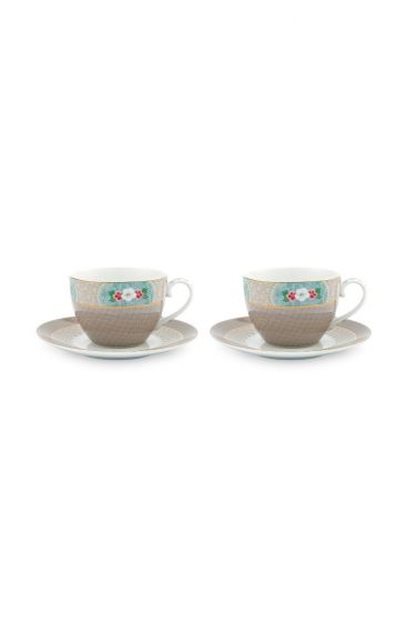 Blushing Birds Set of 2 Cappuccino Cups & Saucers Khaki