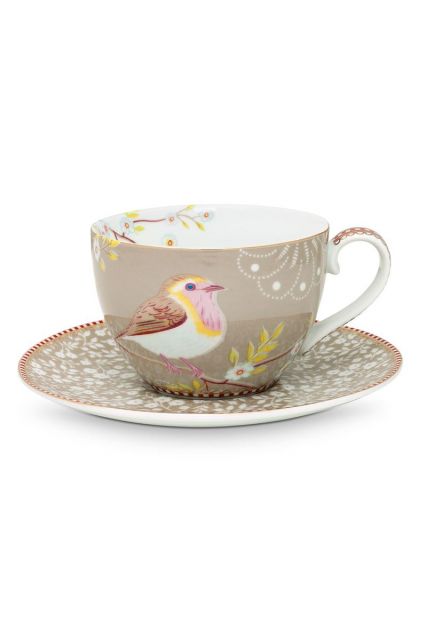 Floral Cappuccino Cup & Saucer Early Bird Khaki