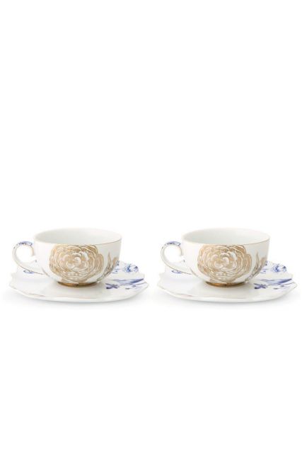 tea-cup-&-saucer-set/2- royal-white-gold-dots-blue-details-porcelain-pip-studio-225-ml