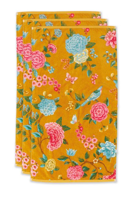 Handdoek-set/3-bloemen-print-geel-55x100-good-evening-katoen