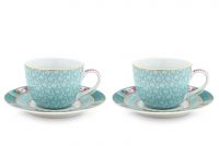 Blushing Birds Set of 2 Espresso Cups & Saucers blue