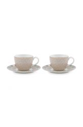 Blushing Birds Set of 2 Espresso Cups & Saucers Khaki