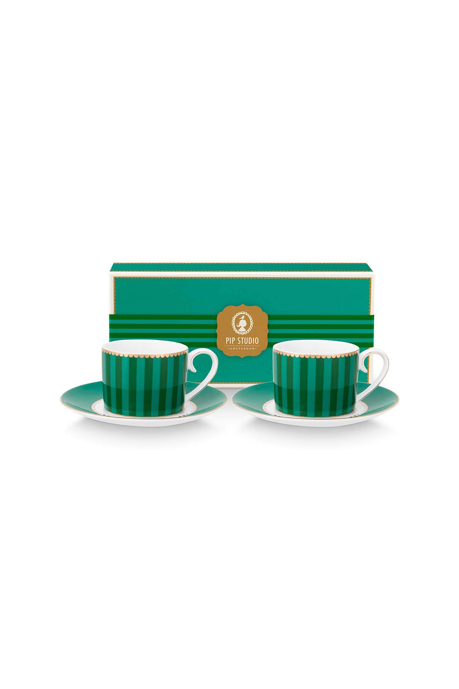 Pip Studio Set/2 Espresso Kop & Schotel Love Birds Gestreept Emerald-Groen - Officiële Webshop