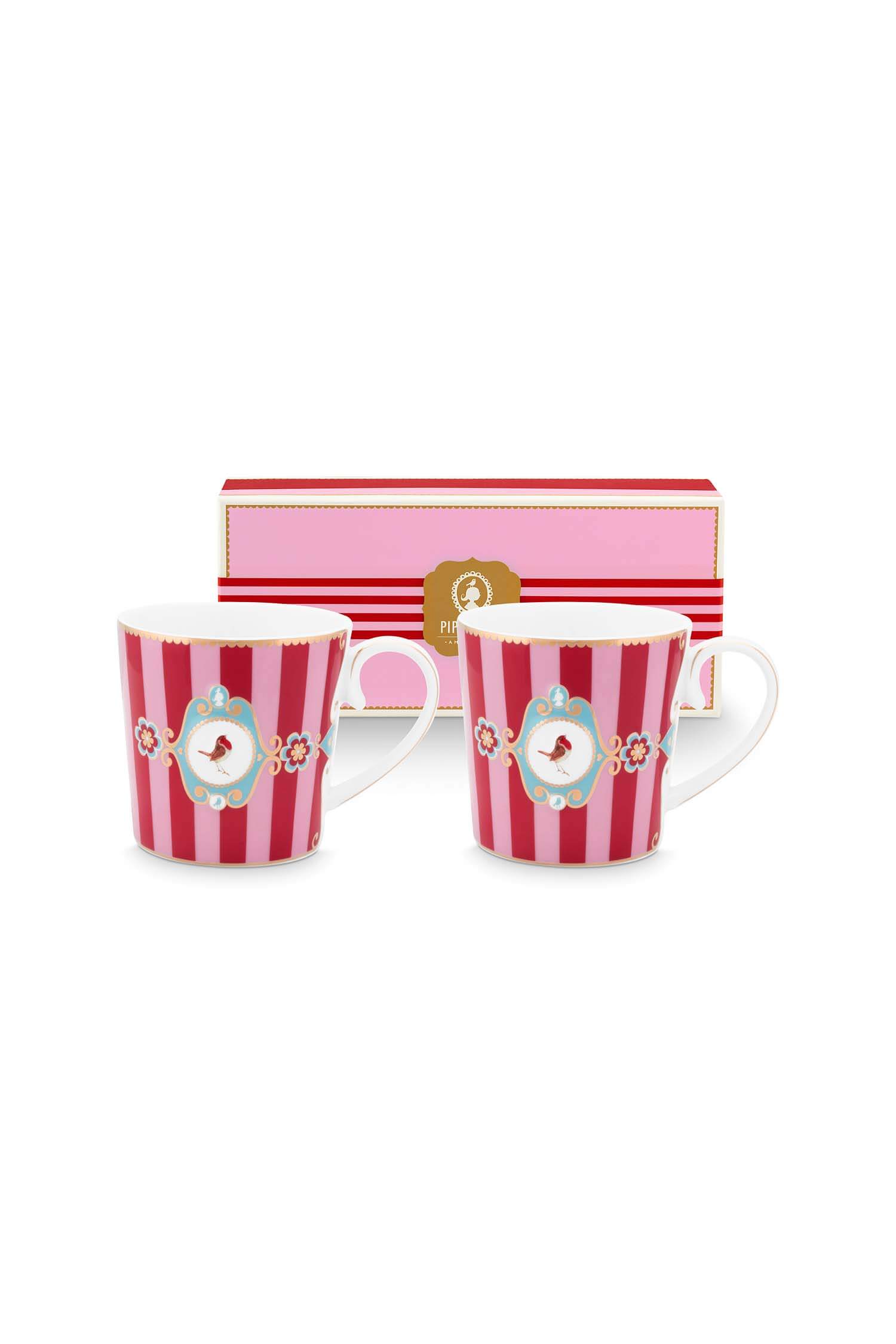 Pip Studio Set/2 Mokken Klein Love Birds Medallion Gestreept Rood-Roze - Officiële Webshop