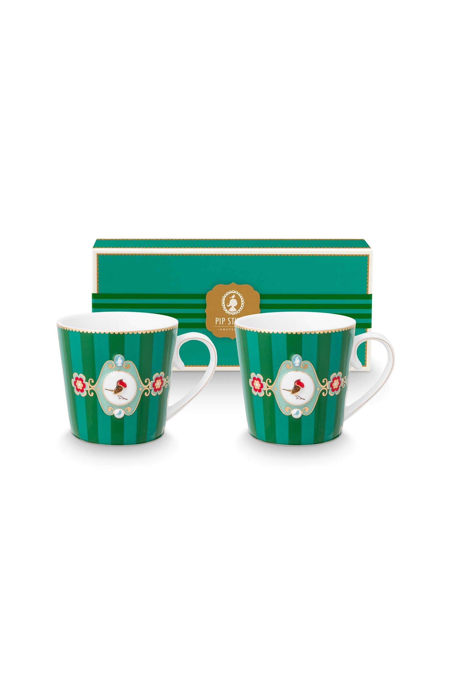 Pip Studio Set/2 Mokken Groot Love Birds Medallion Gestreept Emerald-Groen - Officiële Webshop