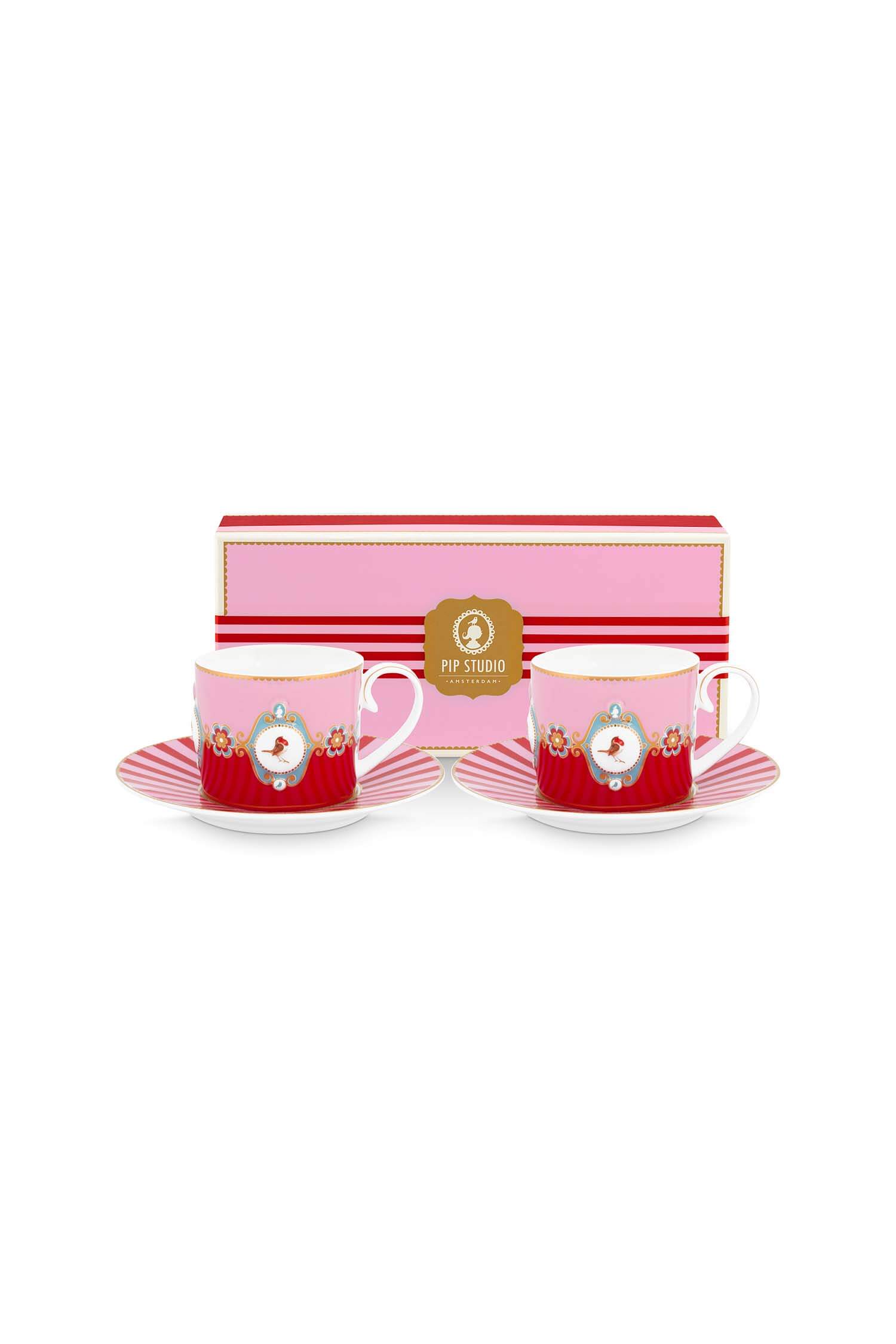 Pip Studio Set/2 Kop & Schotel Love Birds Medallion Rood-Roze - Officiële Webshop