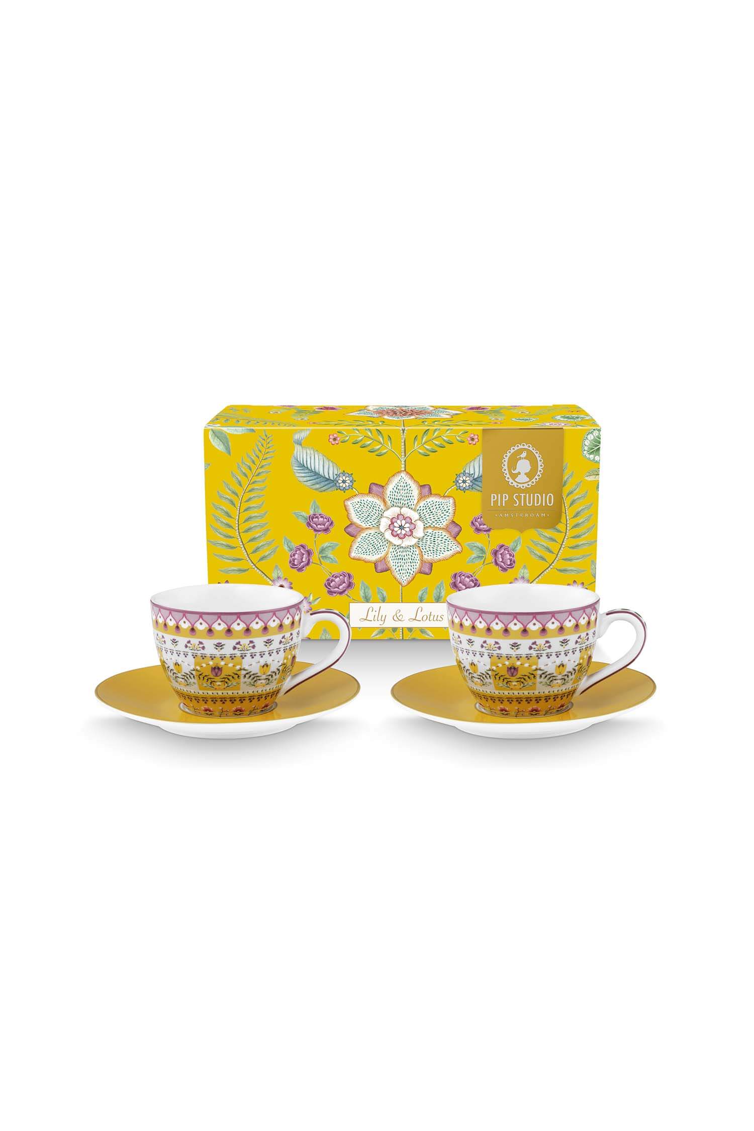 Pip Studio Set/2 Espresso Kop & Schotel Lily&Lotus Geel 120ml - Officiële Webshop