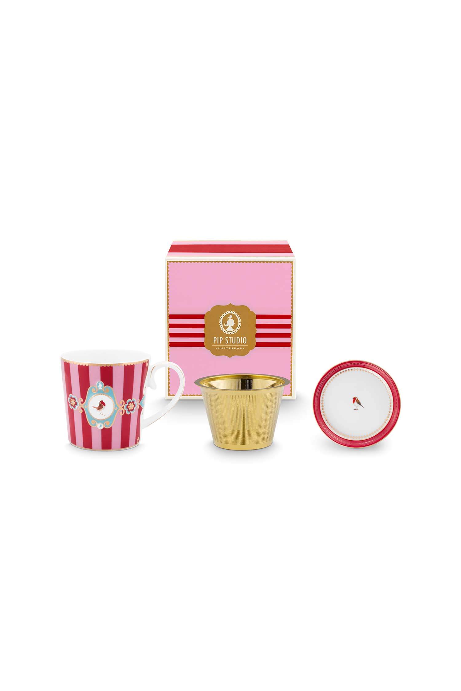 Pip Studio Tea for One Love Birds Medallion Gestreept Rood-Roze - Officiële Webshop