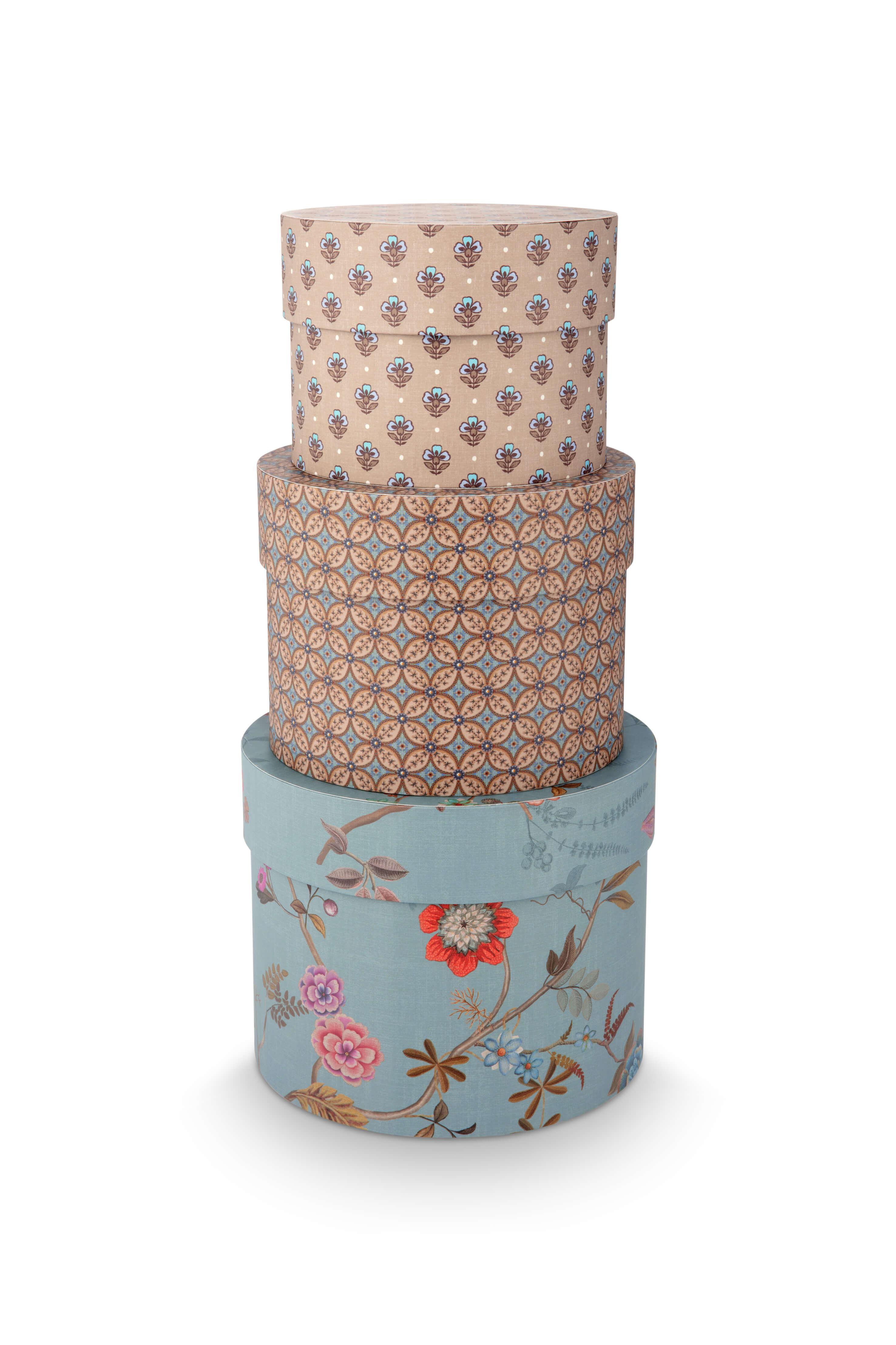 Pip Studio Set/3 Box Rond Blooming Tales Blauw-Khaki - Officiële Webshop